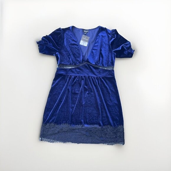 Topshop Dresses & Skirts - Topshop Women Velvet Lace Trim Short Sleeve Mini Dress Size 10 US